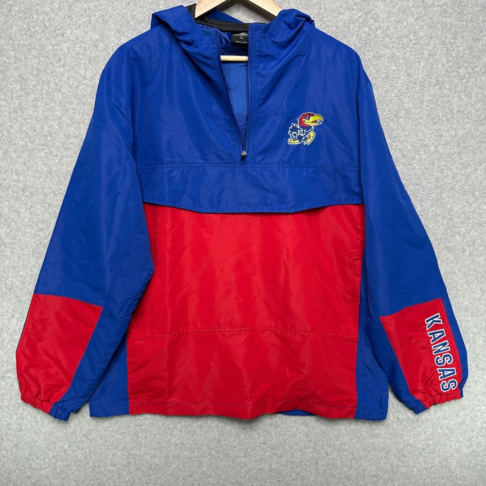 Colosseum Kansas Jayhawks Mens XL Blue Red Quarter Zip Hooded‎ Windbreaker NEW